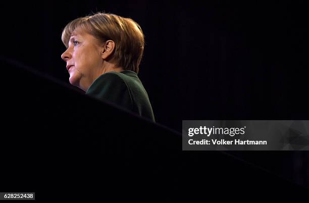 Chancellor and Chairwoman of the German Christian Democrats Angela Merkel gives a television interview during the 29th annual congress of the...