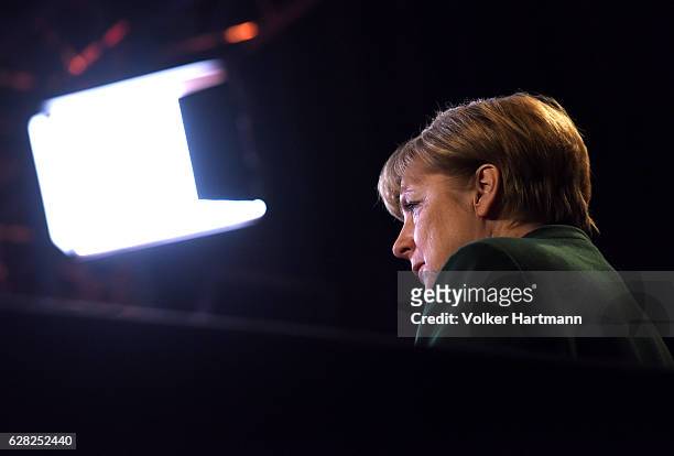 Chancellor and Chairwoman of the German Christian Democrats Angela Merkel gives a television interview during the 29th annual congress of the...