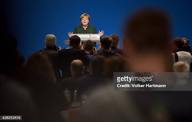 Chancellor and Chairwoman of the German Christian Democrats Angela Merkel speaks during the 29th annual congress of the Christian Democrats on...