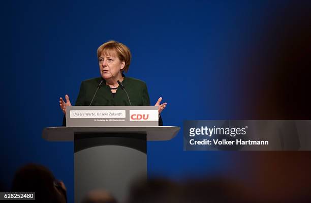 Chancellor and Chairwoman of the German Christian Democrats Angela Merkel speaks during the 29th annual congress of the Christian Democrats on...