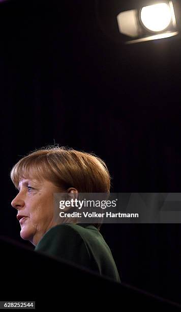 Chancellor and Chairwoman of the German Christian Democrats Angela Merkel gives a television interview during the 29th annual congress of the...