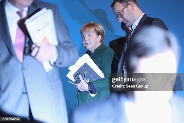 German Chancellor and Chairwoman of the German Christian Democrats Angela Merkel departs at the conclusion of the 29th federal congress of the CDU on...