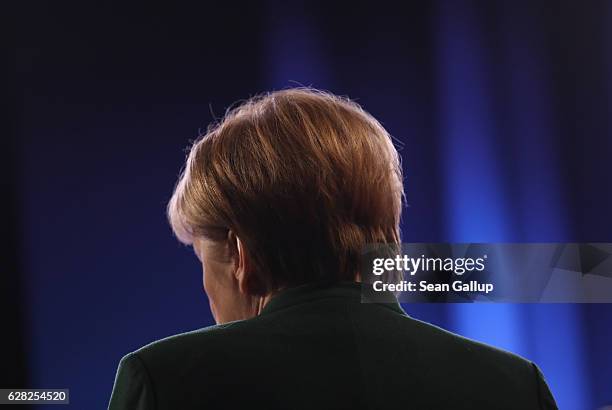 German Chancellor and Chairwoman of the German Christian Democrats Angela Merkel gives a television interview at the conclusion of the 29th federal...