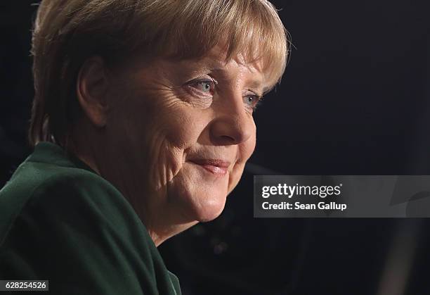 German Chancellor and Chairwoman of the German Christian Democrats Angela Merkel gives a television interview at the conclusion of the 29th federal...