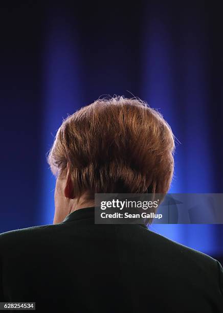 German Chancellor and Chairwoman of the German Christian Democrats Angela Merkel gives a television interview at the conclusion of the 29th federal...