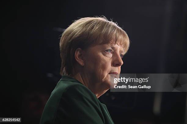 German Chancellor and Chairwoman of the German Christian Democrats Angela Merkel gives a television interview at the conclusion of the 29th federal...