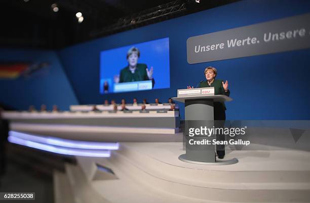 German Chancellor and Chairwoman of the German Christian Democrats Angela Merkel speaks at the conclusion of the 29th federal congress of the CDU on...