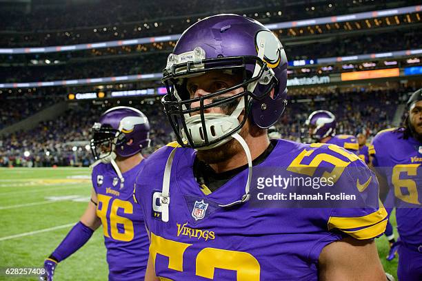Chad Greenway of the Minnesota Vikings walks off the field following warm-ups before the game against the Dallas Cowboys on December 1, 2016 at US...