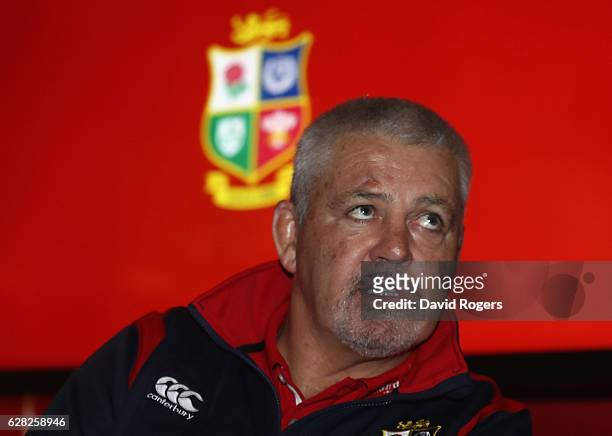 Warren Gatland, the Lions head coach, faces the media during the 2017 British & Irish Lions Coaching Team Announcement held at Carton House Hotel on...