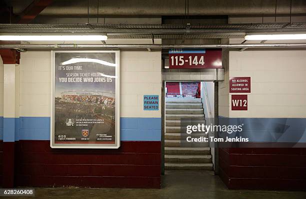 Advertising the move to the Olympic Stadium in a concourse under the main stand after the West Ham United v Tottenham Hotspur F.A. Premier League...