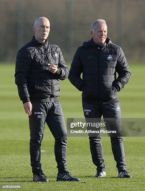 Manager Bob Bradley with First Team Coach Alan Curtis during the Swansea City Training at The Fairwood Training Ground on December 7, 2016 in...