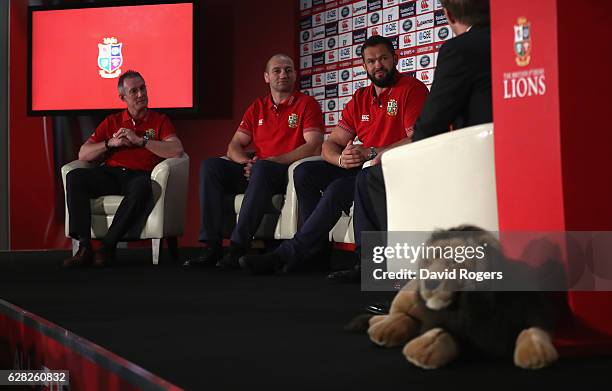 Andy Farrell, the Lions defence coach, Steve Borthwick, forwards coach and Rob Howley the backs coach face the media during the 2017 British & Irish...