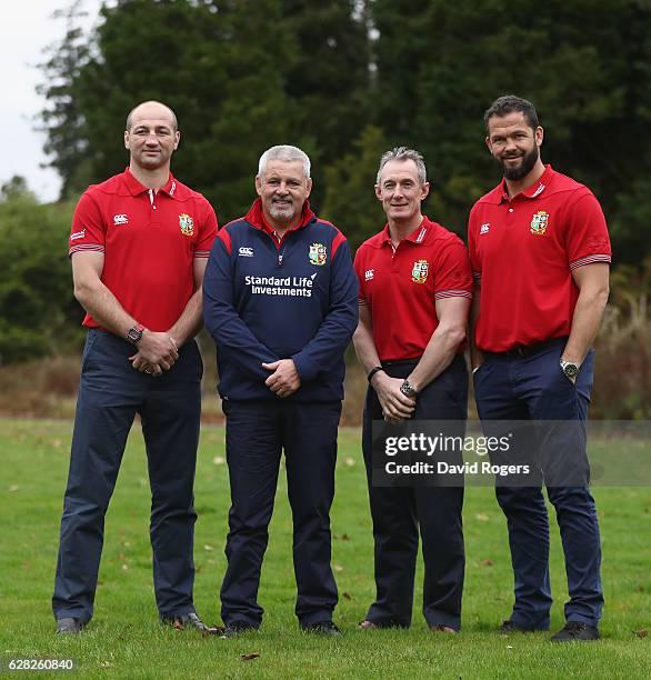 Steve Borthwick, forwards coach, Warren Gatland head coach, Rob Howley, backs coach and Andy Farrell the defence coach pose during the 2017 British &...