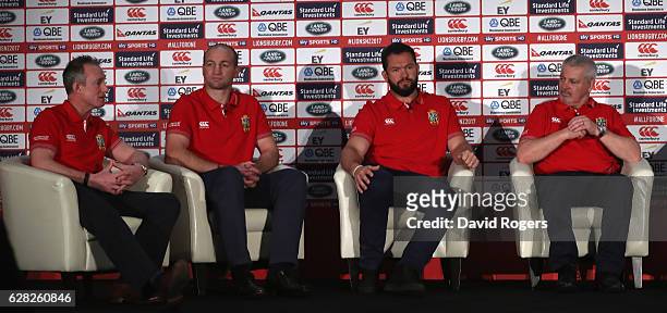 Warren Gatland head coach, Andy Farrell, defence coach, Steve Borthwick, forwards and Rob Howley, backs coach face the media during the 2017 British...