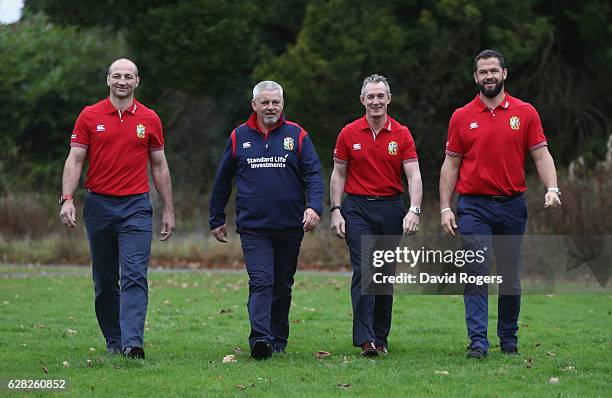 Steve Borthwick, forwards coach, Warren Gatland head coach, Rob Howley, backs coach and Andy Farrell the defence coach pose during the 2017 British &...