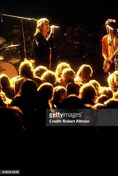 Mick Jagger of The Rolling Stones performs during the Altamont Speedway Free Festival at the Altamont Speedway on December 6, 1969 in Altamont,...