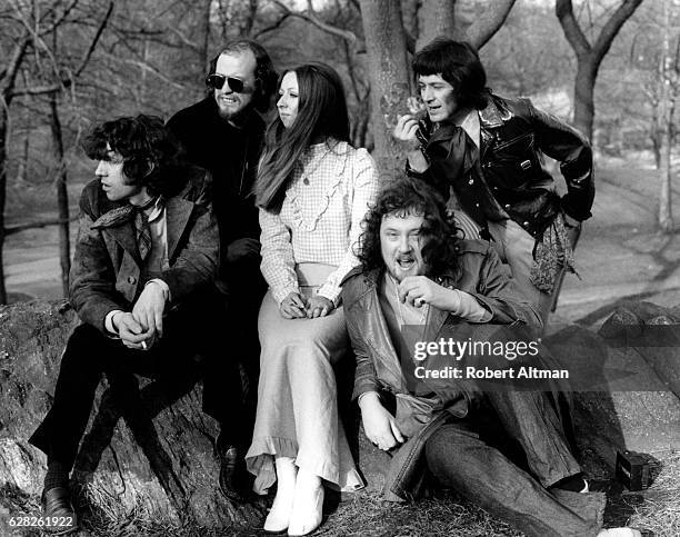 Bert Jansch, Danny Thompson, Jacqui McShee, John Renbourn and Terry Cox of the group Pentangle pose for a portrait in Central Park circa May 1971 in...