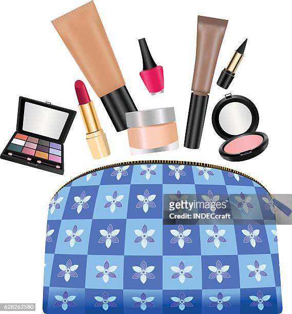 ladies purse with cosmetics - powder compact stock illustrations