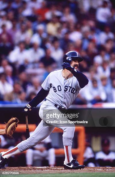 Bill Buckner of the Boston Red Sox in action at the plate during the Red Sox American League Championship Series game versus the California Angels at...