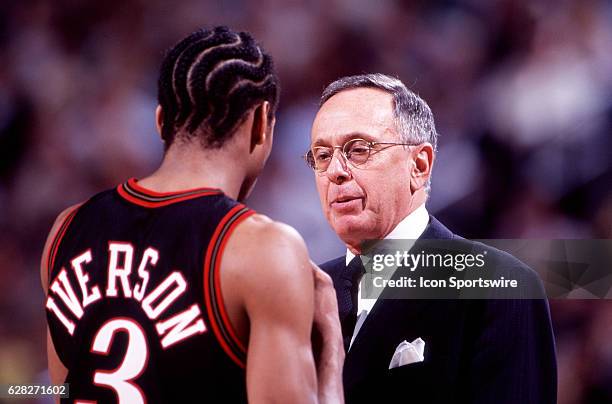 Head coach Larry Brown of the Philadelphia 76ers talks with Allen Iverson of the Sixers during a Sixers game versus the Phoenix Suns at America West...