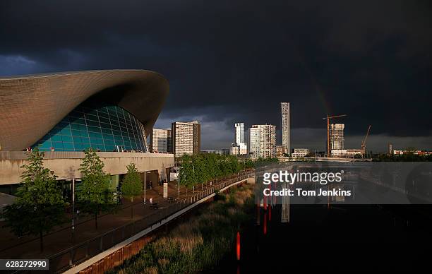 General view of the arena as a storm passes by on day ten of the 33rd LEN European Swimming Championships 2016 at the London Aquatics Centre on May...