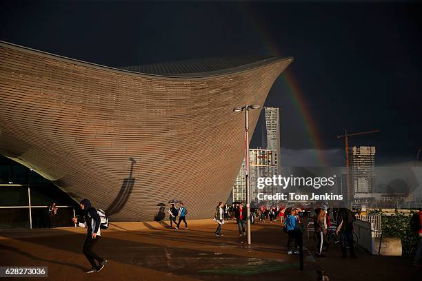 General view of the centre as a storm passes by on day ten of the 33rd LEN European Swimming Championships 2016 at the London Aquatics Centre on May...