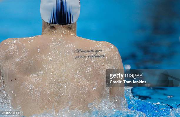 Andrew Willis of Great Britain with his tattoo which is a quote from ancient Roman poet Virgil and reads 'possunt quia posse videntur' which...