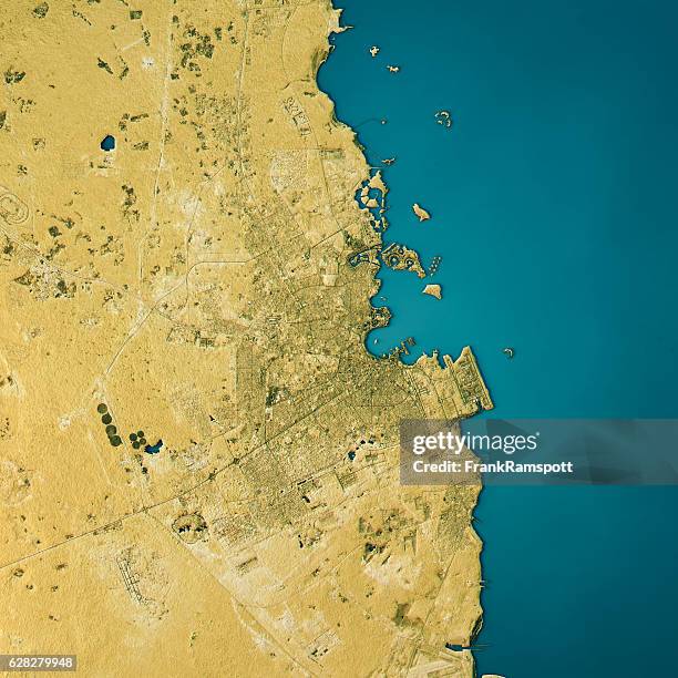 doha topographic map natural color top view - doha map stock pictures, royalty-free photos & images