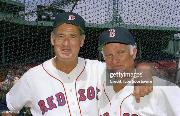 Ted Williams and Bobby Doerr, both Boston Red Sox Baseball Hall of Famers, during pre-game at Fenway Park in Boston, MASS.