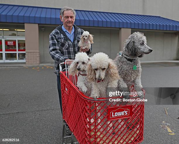 George Collins is pictured with his dogs Amber in his hand, Brandy the mother, Molly and Bentley, leaving Lowe's in West Bridgewater, MA on Dec. 6,...