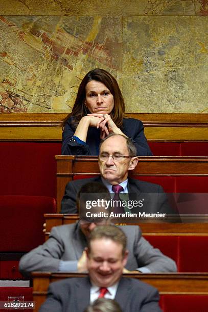 Deputy Aurelie Filippetti reacts as Ministers answer deputies during the weekly questions to the government at French National Assembly on December...