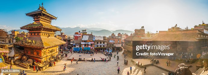 Kathmandu golden sunset light illuminating ancient square temples Bhaktapur Nepal Kathmandu golden sunset light illuminating ancient square temples Bhaktapur Nepal