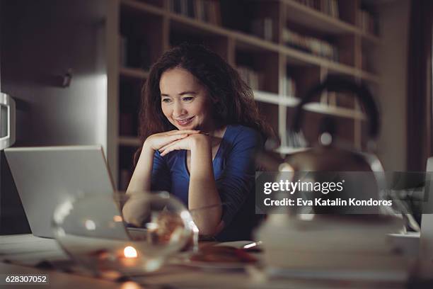 working at home - woman portrait kitchen laptop bildbanksfoton och bilder