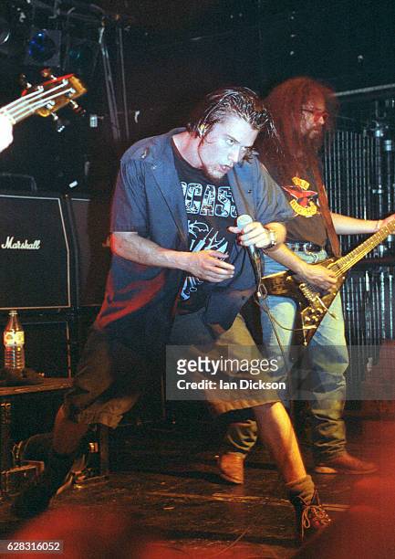 Mike Patton of Faith No More performing on stage at Marquee Club, London, 14 May 1992.