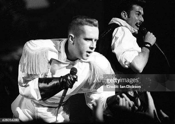 Holly Johnson and Paul Rutherford of Frankie Goes To Hollywood performing on stage on their 1985 UK Tour.