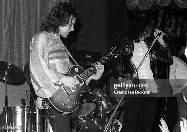 Paul Kossoff and Paul Rodgers of English blues rock band Free performing on stage in United Kingdom, 1972.