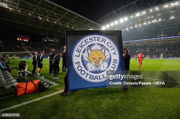 Leicester City logo leave the pitch during the UEFA Champions League match between FC Porto and Leicester City FC at Estadio do Dragao on December 7,...