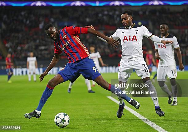 Lacina Traore of CSKA Moscow and Danny Rose of Tottenham Hotspur battle for possession during the UEFA Champions League Group E match between...