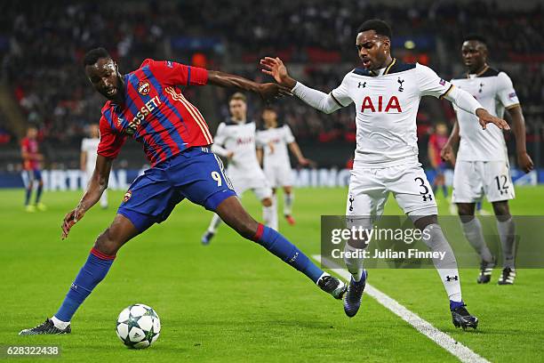 Lacina Traore of CSKA Moscow and Danny Rose of Tottenham Hotspur battle for possession during the UEFA Champions League Group E match between...