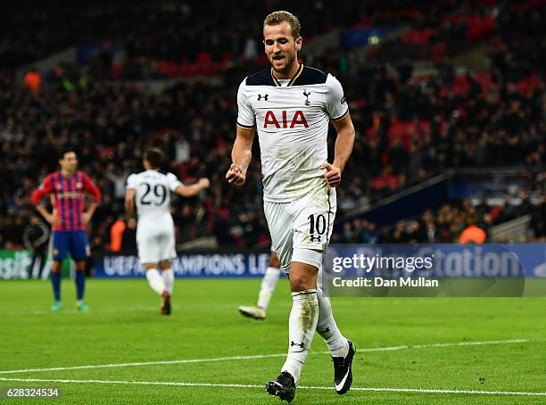 Harry Kane of Tottenham Hotspur celebrates scoring his sides second goal during the UEFA Champions League Group E match between Tottenham Hotspur FC...