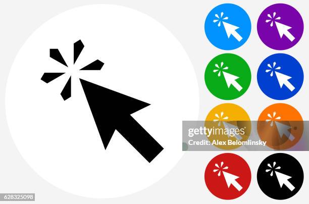 mouse click icon on flat color circle buttons - picking oranges stock illustrations