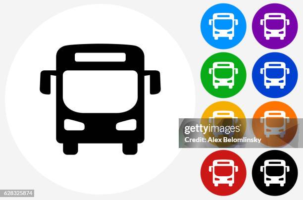 ilustrações, clipart, desenhos animados e ícones de ícone de ônibus em botões de círculo de cor plana - ônibus