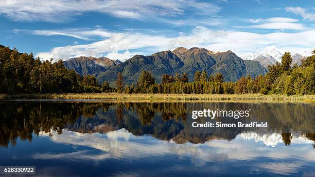 lake matheson panoramic on new zealand's south island - mirror lake stock pictures, royalty-free photos & images