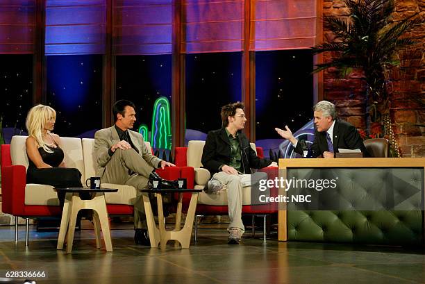 Episode 2708 -- Pictured: Actress Pamela Anderson, magician Lance Burton, and musician Clay Aiken during an interview with host Jay Leno on May 11,...