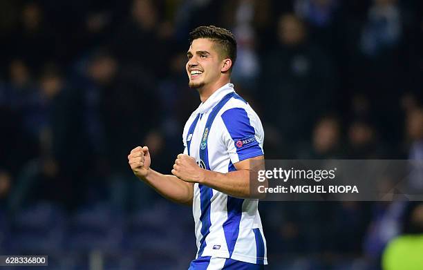 Porto's midfielder Andre Silva celebrates after scoring a goal during the UEFA Champions League football match FC Porto vs Leicester City FC at the...