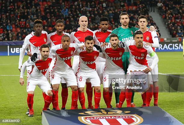 The team of Monaco poses for a team photo before the UEFA Champions League group E soccer match between Bayer Leverkusen and AS Monaco at the...