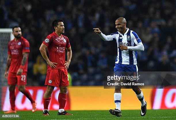 Yacine Brahimi of FC Porto celebrates scoring his sides third goal during the UEFA Champions League Group G match between FC Porto and Leicester City...