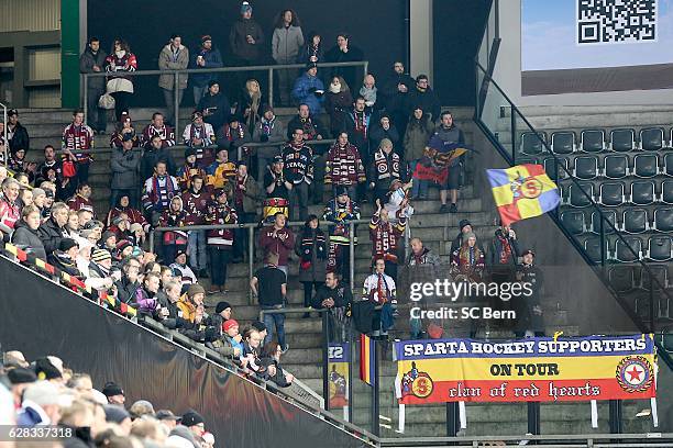 Fans of Prague cheer during the Champions Hockey League Quarter Final match between SC Bern and Sparta Prague at Postfinance Arena on December 13,...