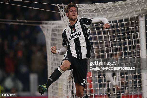 Juventus' defender Daniele Rugani celebrates after scoring during the UEFA Champions League football match Juventus Vs GNK Dinamo Zagreb on December...