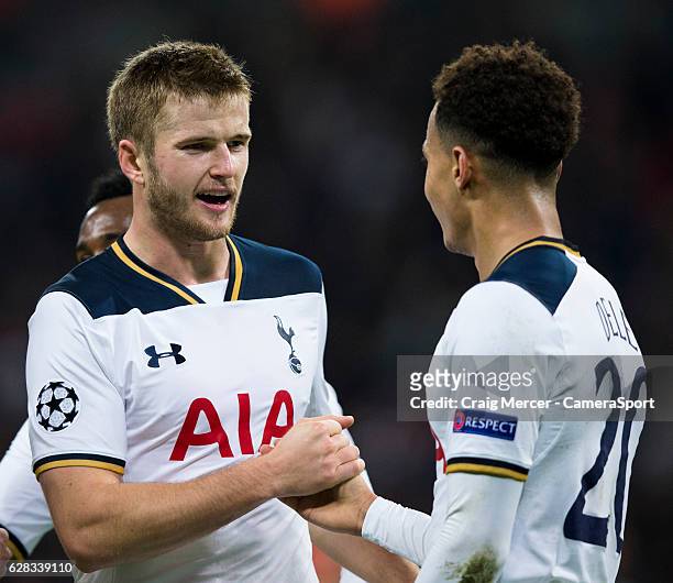 Tottenham Hotspur's Dele Alli celebrates scoring his sides third goal with team mate Eric Dier during the UEFA Champions League match between...
